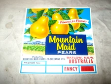 A Vintage 60's Unused Fruit Packaging Label Mountain Maid Pears Batlow NSW
