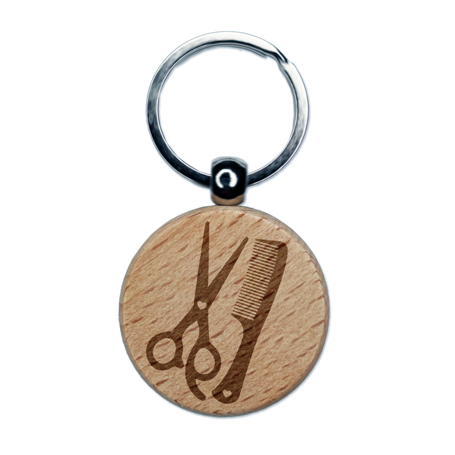 Hair Cutting Comb Scissors with Hearts Engraved Wood Round Keychain Tag Charm