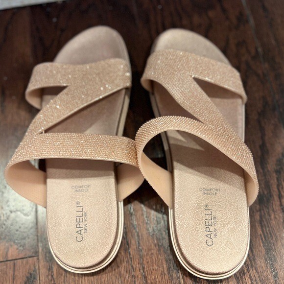 CAPELLI NEW YORK Women’s Rose Gold Rhinestone Strappy Slide Sandals Size 10