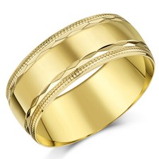 4mm-8mm 9ct Yellow Gold Light Weight Beaded Edge Pattern D Shaped Wedding Band