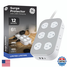 GE 12-Outlet Surge Protector with 6ft Braided Cord, Power Strip, Extension Cord,