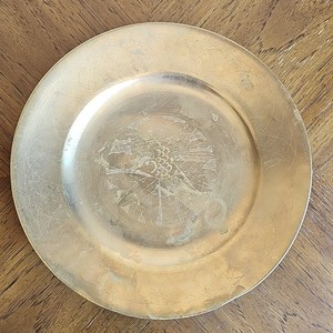 Vintage KOREAN Brass Heavy PLATE-Engraved Bird-Signed DONG WHA-Seoul