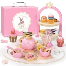 Wooden Tea Party Set for Little Girls, Toddler Girl Gifts A. Pink Polka Tea