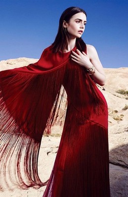 Lily Collins Red Dress Standing Rocks 11x17 Poster_11x17