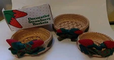 Set of 3 Rattan Wicker Round Baskets with Strawberries, 1989 Action Industries