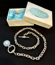 Vintage 925 Sterling Watch Fob & 16" Chain, Ribbed Art Deco, 41.3g Total Weight