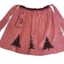 VTG Red Gingham Hostess Half Apron Black Cross Stitch Christmas Trees Granny