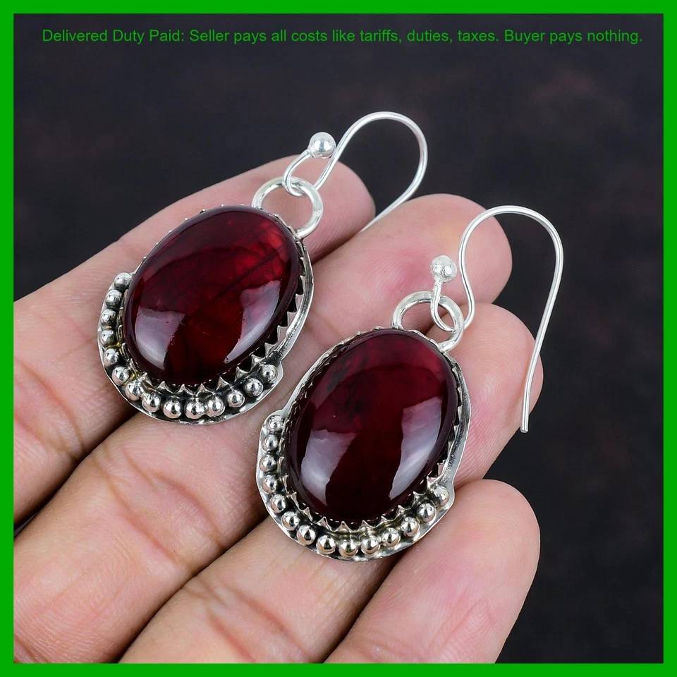 Natural Red Fire Labradorite 925 Silver Dangle Drop Bezel Boho Earrings Jewelry - Image 4 of 4