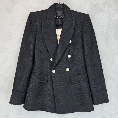 Zara Double Breasted Textured Weave Blazer Womens S Black Tweed Crest Buttons - Bild 4 von 14