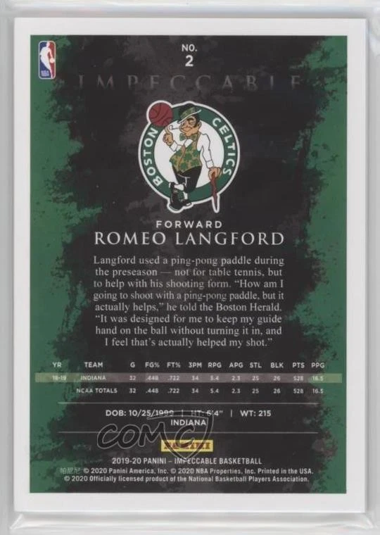 2019-20 Panini Impeccable Gold /49 Romeo Langford #2 Rookie RC - Image 2 of 2