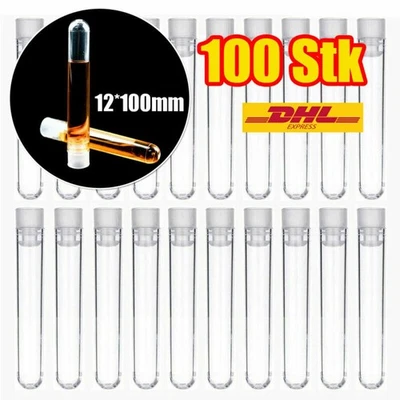 MARKENLOS 100x Reagenzgläser Test Tube Reagenzglas Kunststoff Fläschen Stopfen 100mmx12mm