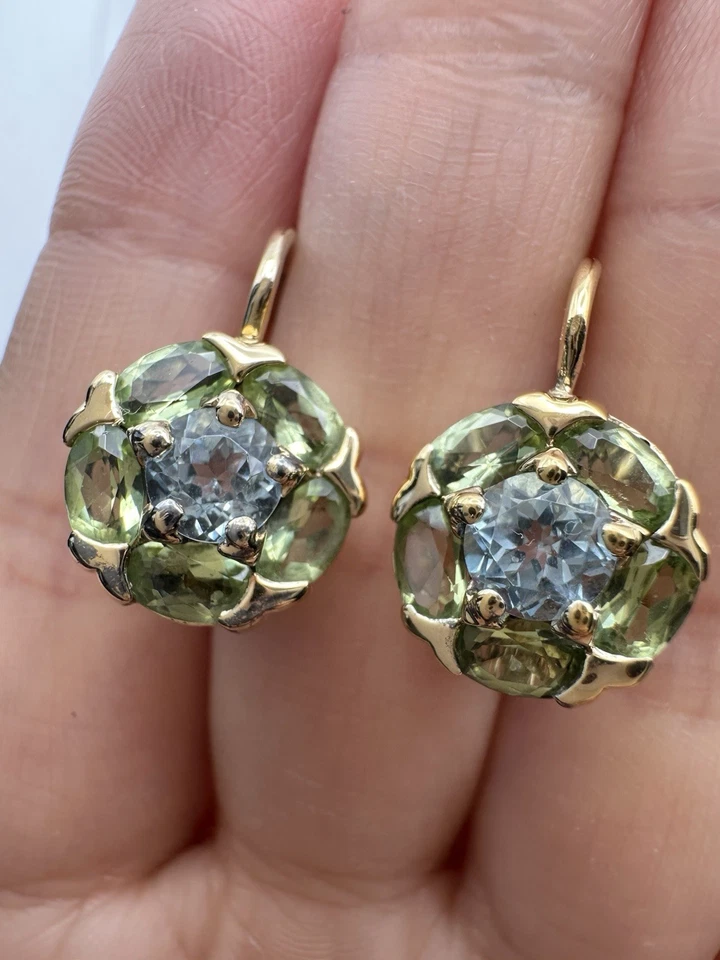 Sterling Silver 14k Gold Vermeil Natural Peridot Blue Topaz Lever Back Earrings  - Image 3 of 4