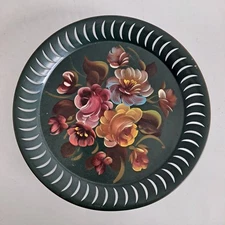 Vtg French Country Floral Bouquet Green Metal Toleware Wall Pocket Victorian 