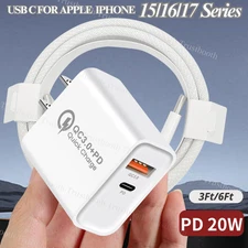 Fast Charger For iPhone 15 16 17 iPad 20W Adapter PD Braided USB C -Type C Cable