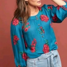 Anthropologie Maeve Kalas Teal Henley Floral Woven Long Sleeve Button Blouse, L
