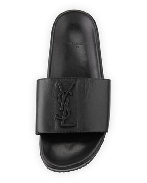 Yves Saint Laurent Joan YSL Monogram Leather Flat Slides Sandals Shoes Black - pjepetfarewell.com