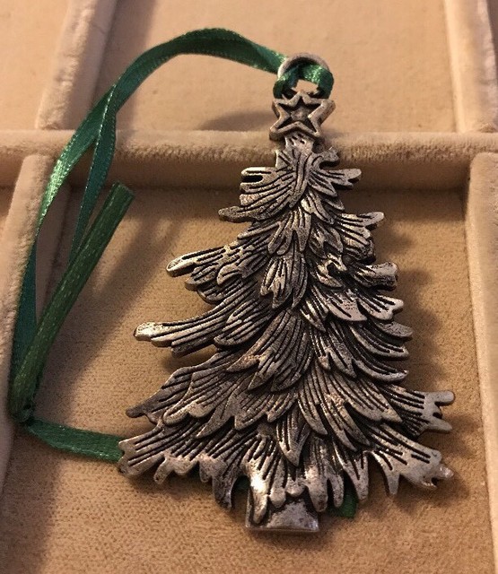 Vintage Metal Christmas Tree Ornament With Green Ribbon