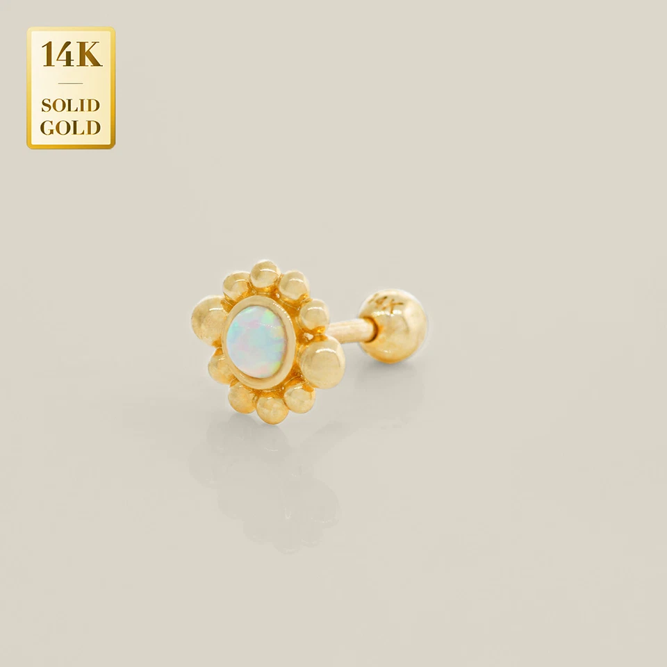 14K REAL Solid Gold Beaded Opal Ear Post Stud Daith Tragus Body Jewelry 18G - Image 2 of 4