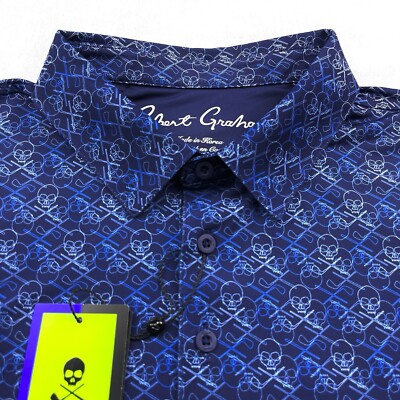 Robert Graham Performance Skull Heads Allover Print Polo Shirt Navy XL $128