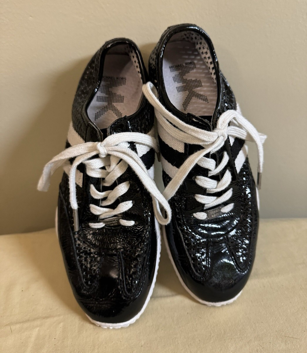 Michael Kors Black W/White Stripes Flat Patent Leather Lace Up Shoes 5.5 |  eBay