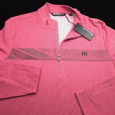 NEW! TRAVIS MATHEW MENS GOLF 1/4 ZIP SWEATER -S RED BLACK STRIPE POLY STRETCH
