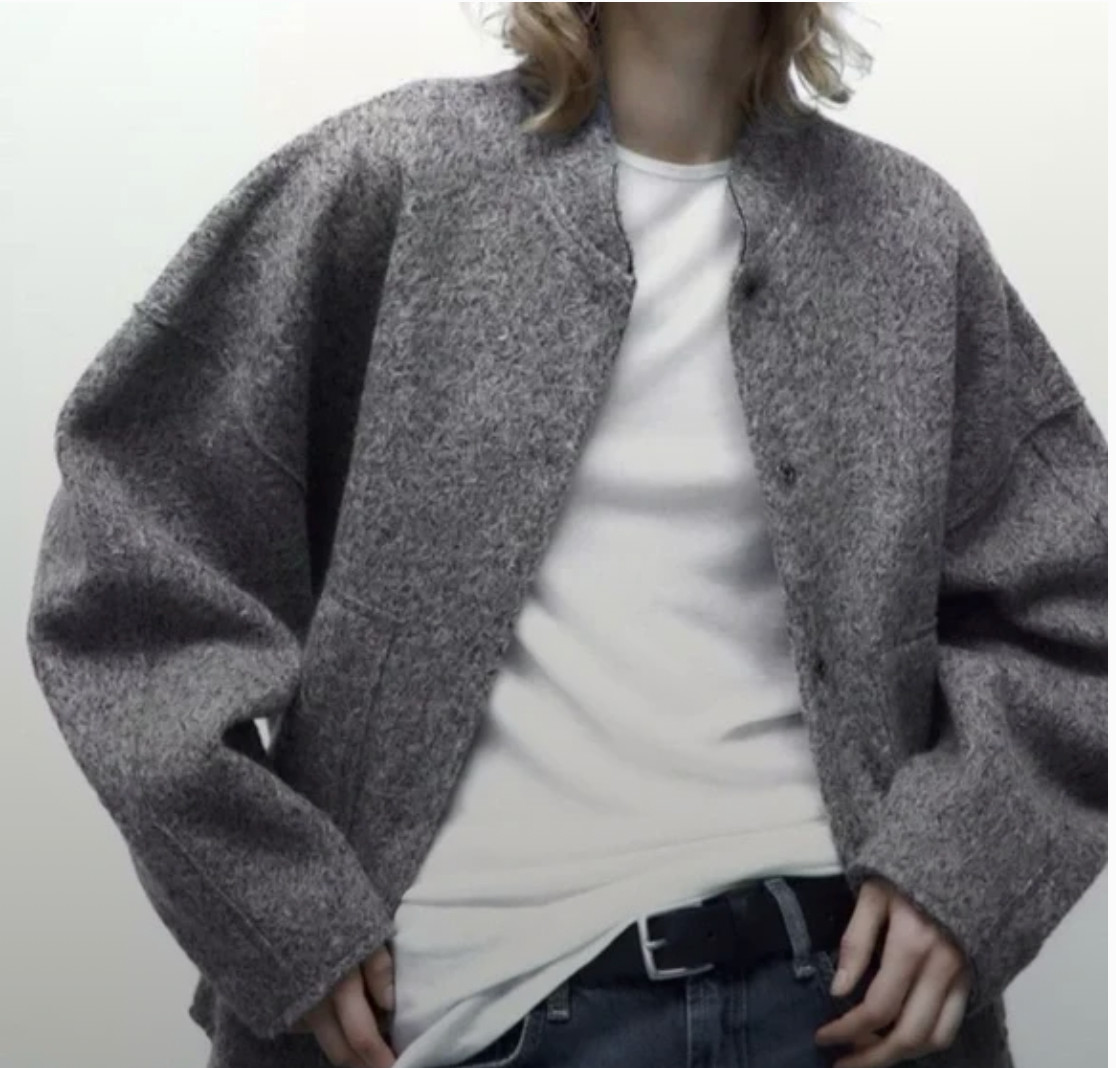 ZARA Oversized Bomber Jacket Gray Marl M-L  Boucle Coat Drop Shoulder Sold Out