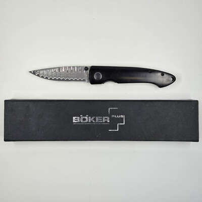 Boker Plus Damascus Gent 1 Ebony Wood Linerlock Folding Knife, Original Box