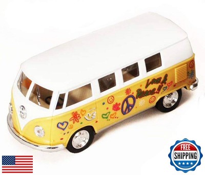 KiNSMART 1962 Volkswagen Classic Yellow With Hippy Decals Bus 1:32 Scale 5 In