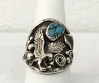 Vintage Native Am. Navajo Turquoise Sterling Silver Eagle Ring signed sz 9.5