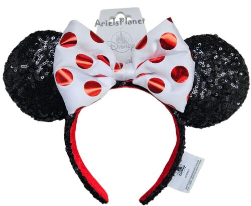 2024 Disney Parks Minnie Mouse Sequined Ear Headband White Bow & Red Polka Dots - Picture 1 of 1