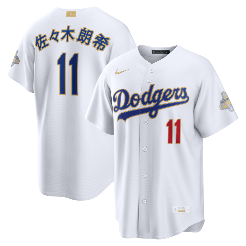 ドジャース　佐々木　ゴールドジャージ Men's Dodgers #11 Roki Sasaki White 2026 Gold Collection Kanji