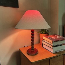 Rechargeable Wood Bobbin Table Lamp Walnut Base 2x  E27 Remote Bulbs Beige Shade