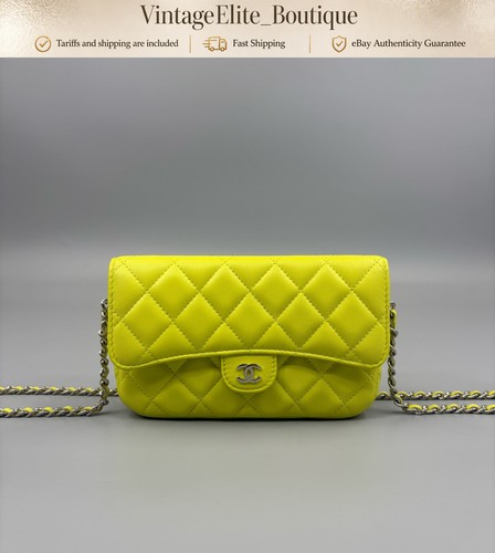 Chanel Mini Classic Flap Yellow Leather Silver HW Shoulder Bag Authentic Preowne