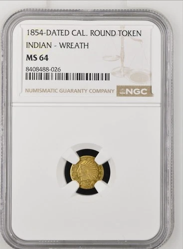 1854 California Fractional Gold  Broad Head Indian Wreath #4b Type NGC MS-64