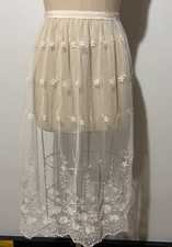 Vintage Long White Sheer Hostess 1/2 Apron w/ Embroidered Flowers, Scalloped