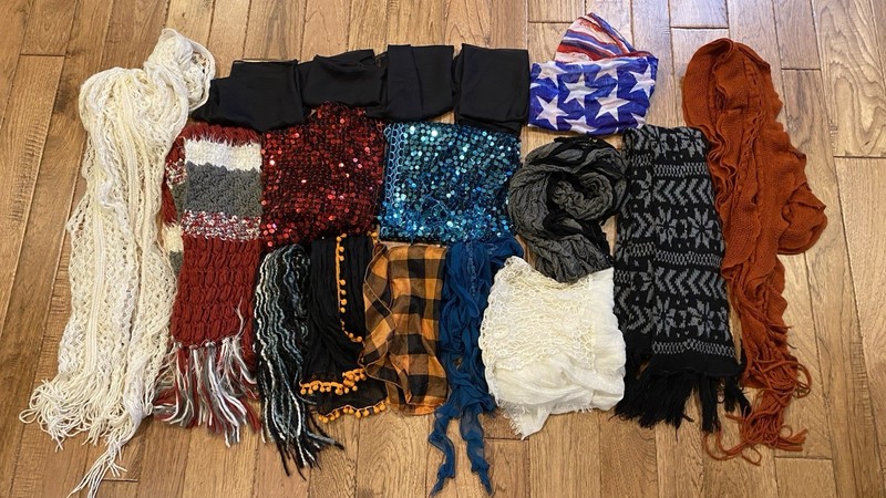 Lot Of 17 Scarves - Mixed lot some heavy winter, light weight,  2 sequins Misc.