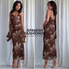 ZARA WOMAN SS25 KHAKI TULLE PRINT MIDI DRESS WITH FOULARD 8220/112/121