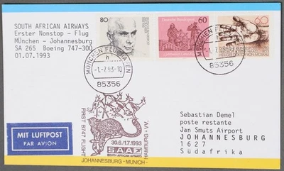 MayfairStamps Germany 1993 Munchen to Johannesburg Boeing 747-300 South African - Image 1 of 2
