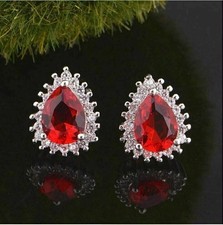 2Ct Pear Cut Lab-Created Red Ruby Flower Stud Earrings 14K White Gold Plated