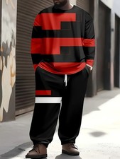 Men's plus size casual suit, black and red contrasting color 3D printed long