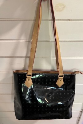 Black Patent Leather Arcadia Purse with Tan Leather Shoulder Straps