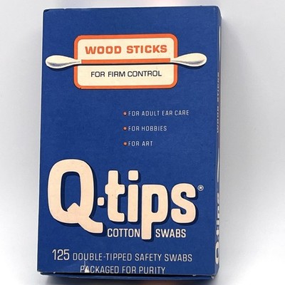 Vintage Q Tips 1960s Wood Packaging Blue Retro Graphic Box Bathroom Prop EMPTY