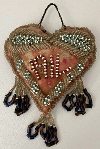 Antique 1900s Native American 5.5” W Raised Beadwork Heart Whimsey Pin Cushion