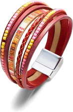 Leather Wrap Bracelets Boho Cuff Bangle Bracelets for Women Rhinestone Bead Brac