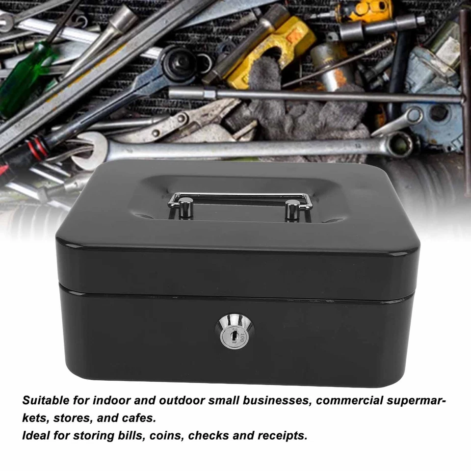 Cash Box Small Locking Safe Metal Money Box Double Layers for Home Office Black - Image 2 of 4