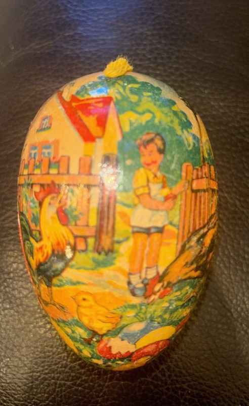 Rare Vintage Paper Mache Easter Egg 4x2.5 Made in Germany-Boy In Yard