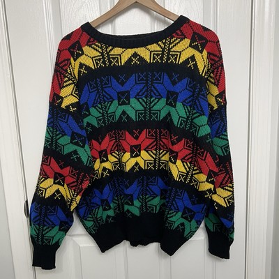 Mens Sweater Vintage US Size XL Retro Patterned Red Green Black Blue Colorful
