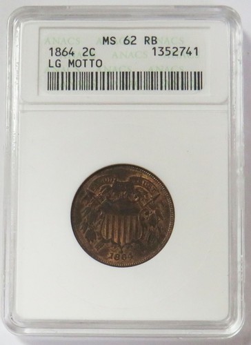 1864 LARGE MOTTO UNITED STATES TWO CENTS 2c ANACS MS 62 RB - Picture 1 of 4