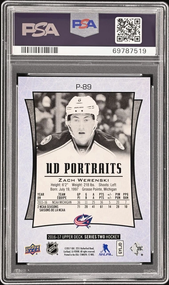 2016 UPPER DECK Zach Werenski PSA 10 RC YOUNG GUNS RAINBOW PORTRAITS ROOKIE Pop1 - Image 4 of 4