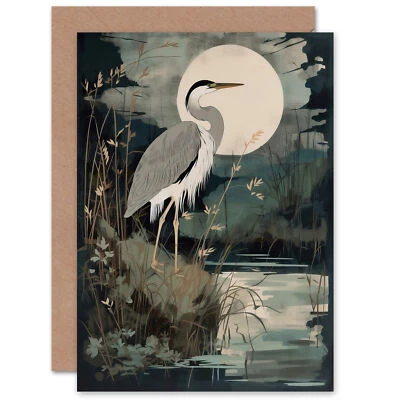 ARTERY8 Supper Time Moonlit Heron Earthy for Him or Her Birthday Blank Greeting Card